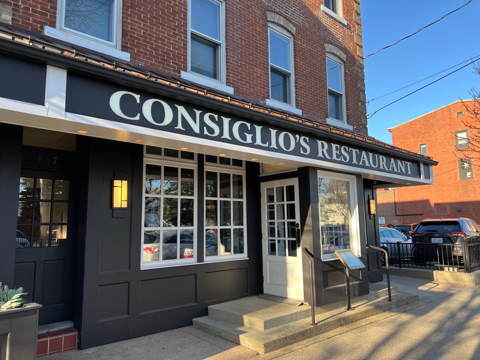 The Consiglio’s Restaurant storefront and sign on Wooster Street in New Haven