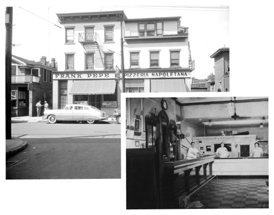 A mid-century view of the Pepe’s storefront and checkered-floor interior