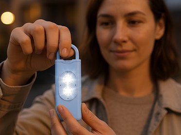 Woman holding a HerAlarm personal alarm