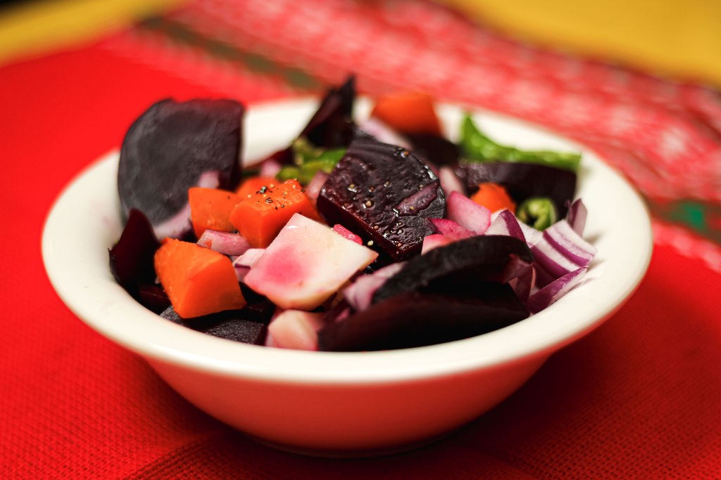 A bowl of Lalibela’s key sir selata, a beet salad with potatoes, carrots and red onion