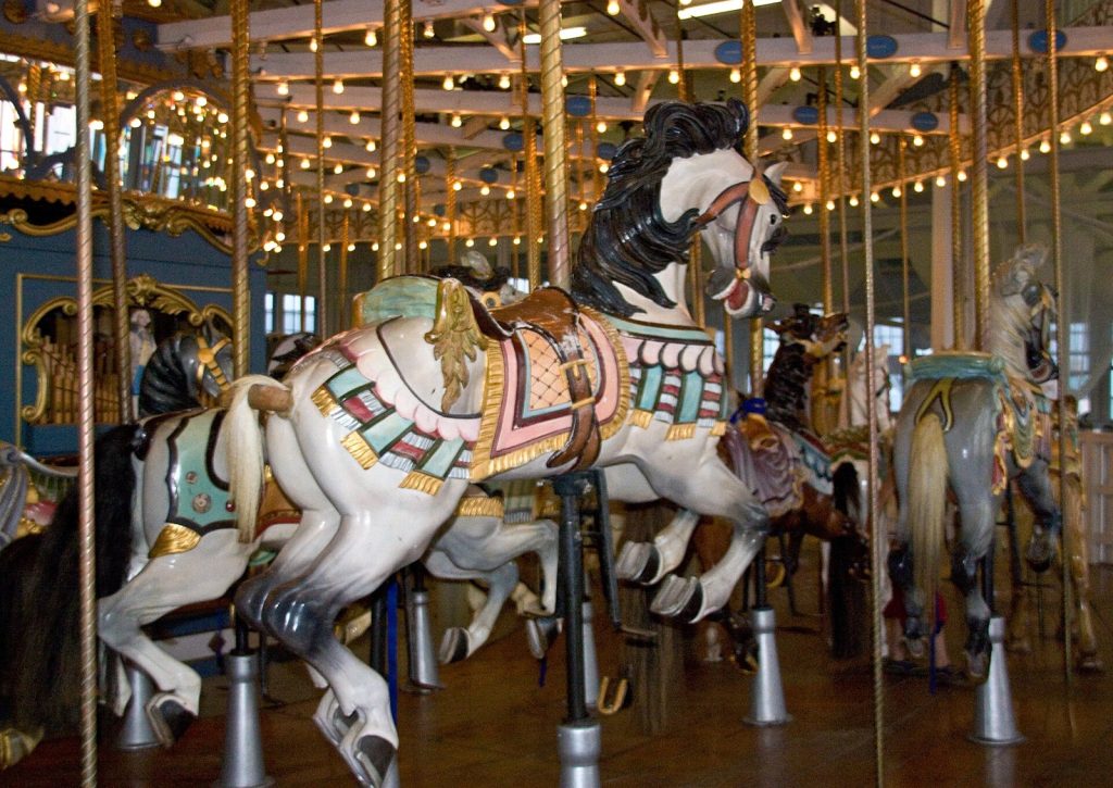 A hand-carved horse on the Lighthouse Point Carousel