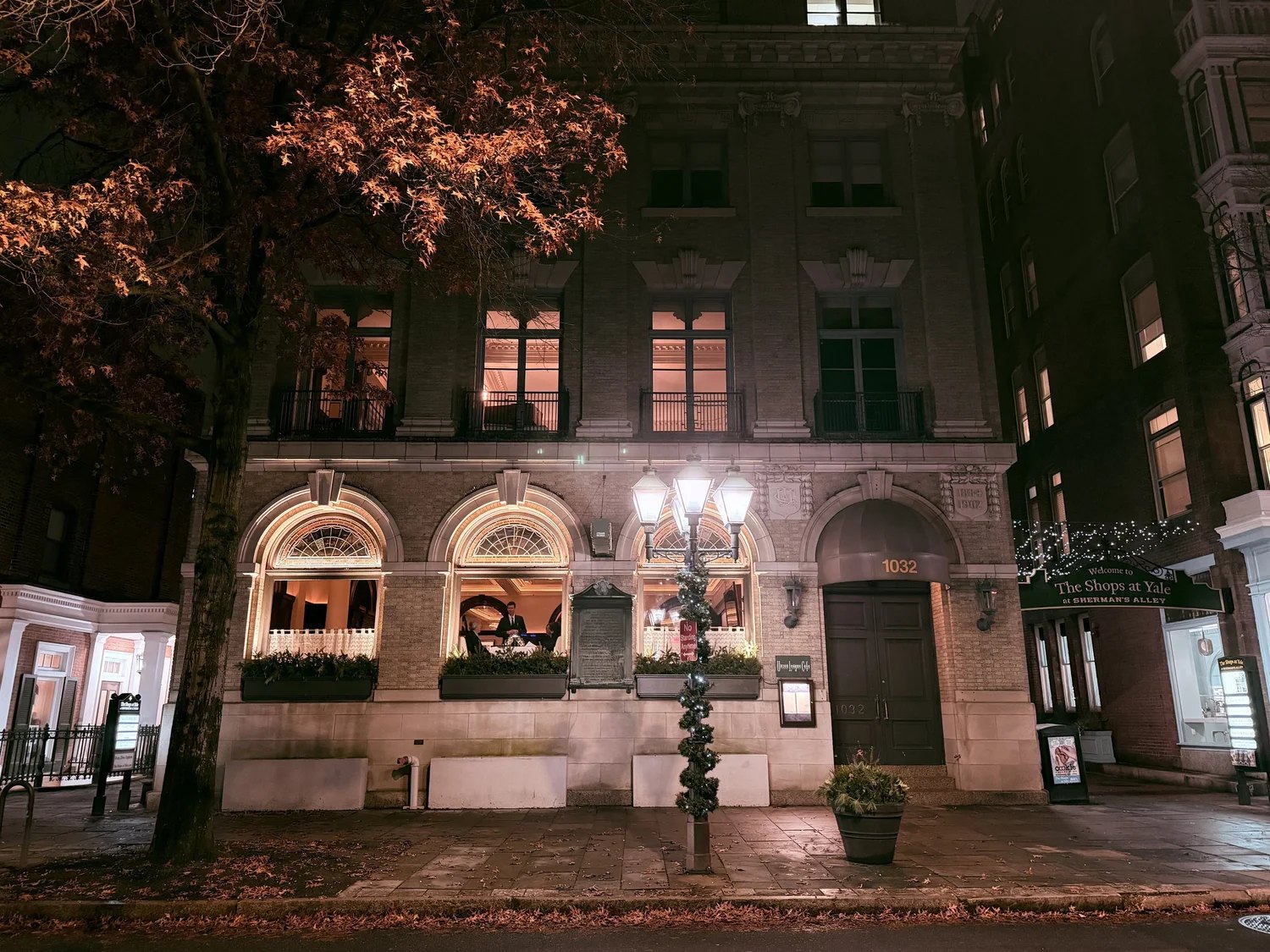 The Union League building at 1032 Chapel St. in New Haven lit up at night