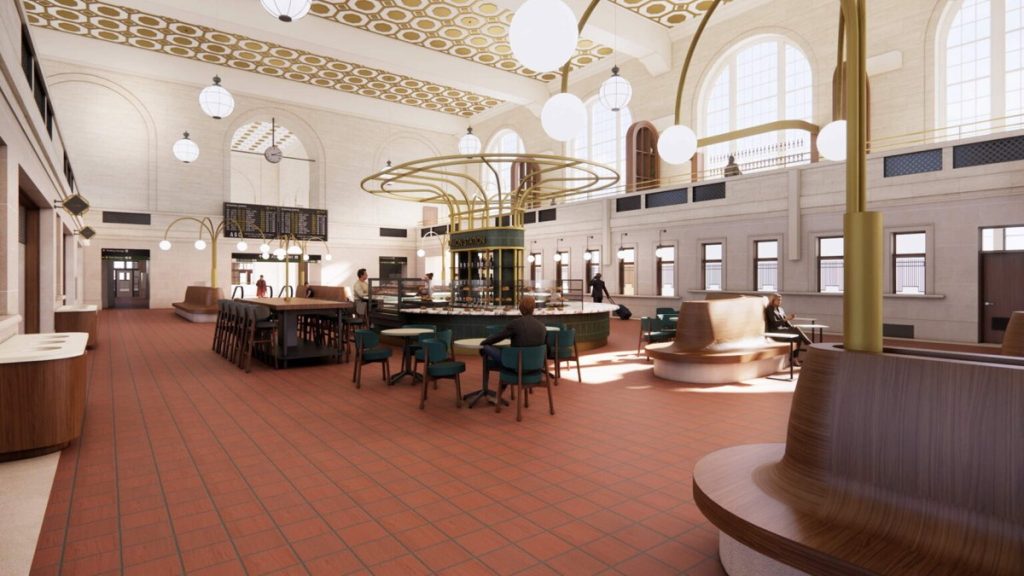 Rendering of the renovated main hall at New Haven Union Station, with curved wood benches, café tables and globe lights under the arched windows